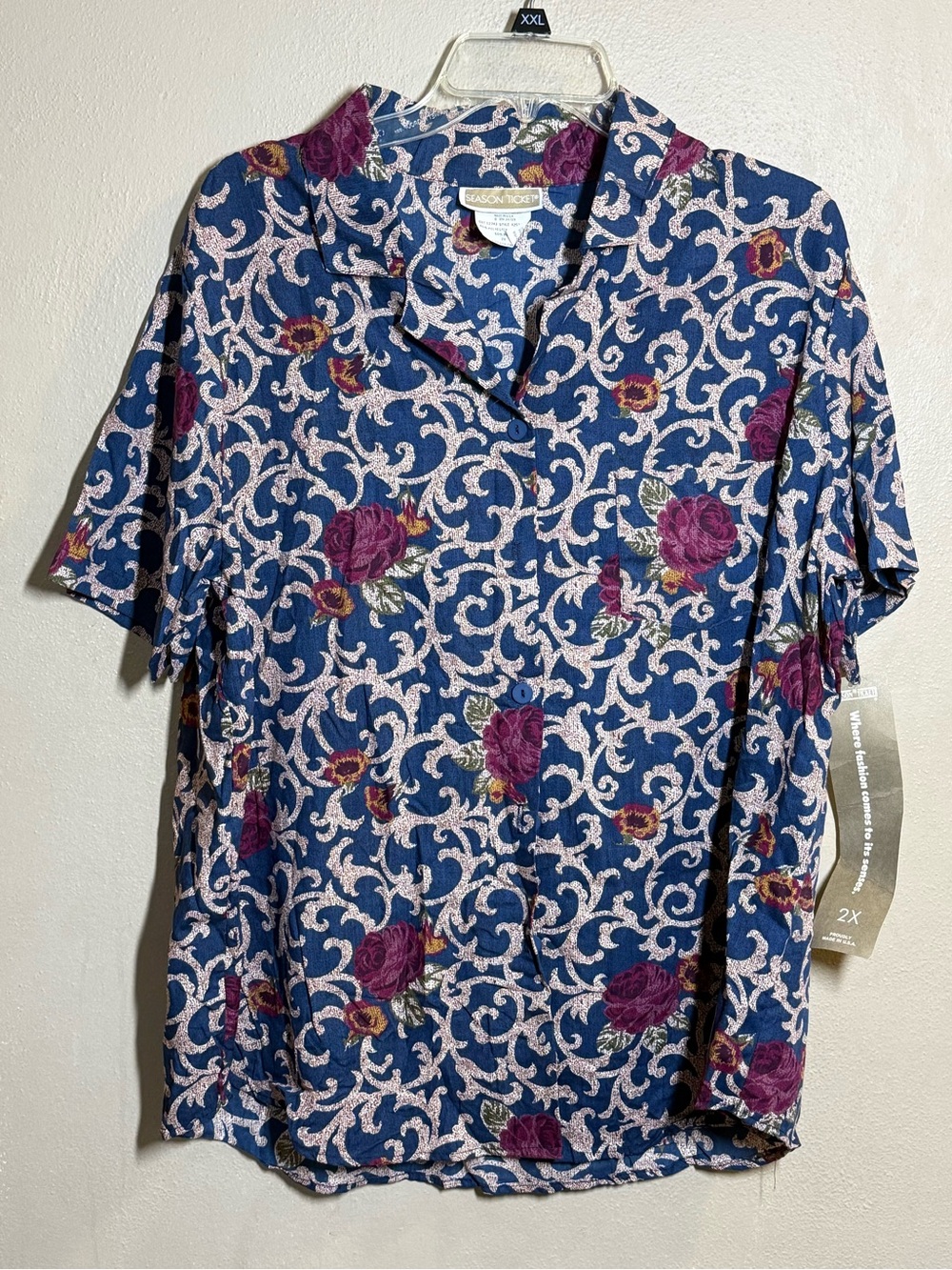 NWT Vintage Season Ticket Navy Floral Scroll Button-Front Camp Shirt Sz 2X